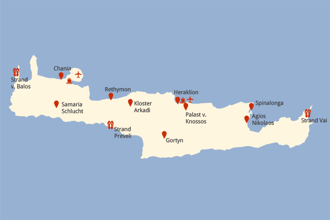 Karte der Sehenswürdigkeiten von Kreta